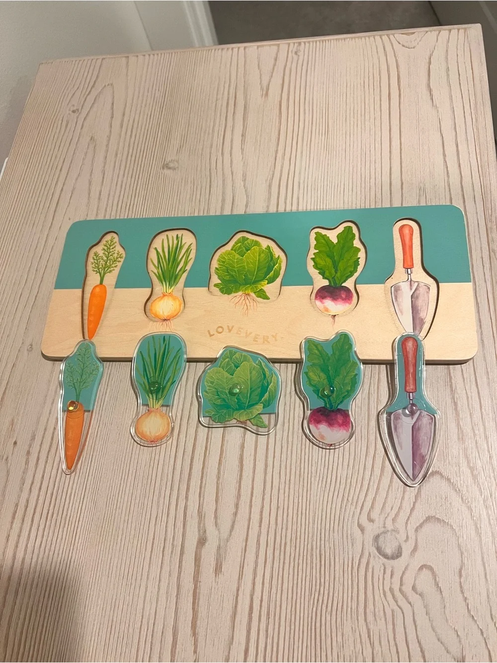 Lovevery Montessori Teal and Natural Wooden Garden Puzzle – Vegetable Set